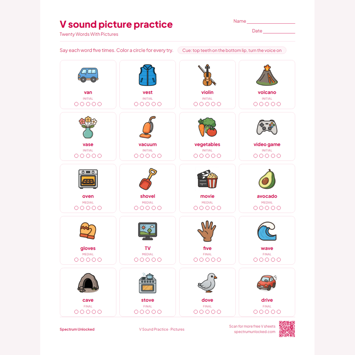 Picture practice page with 20 illustrated V words