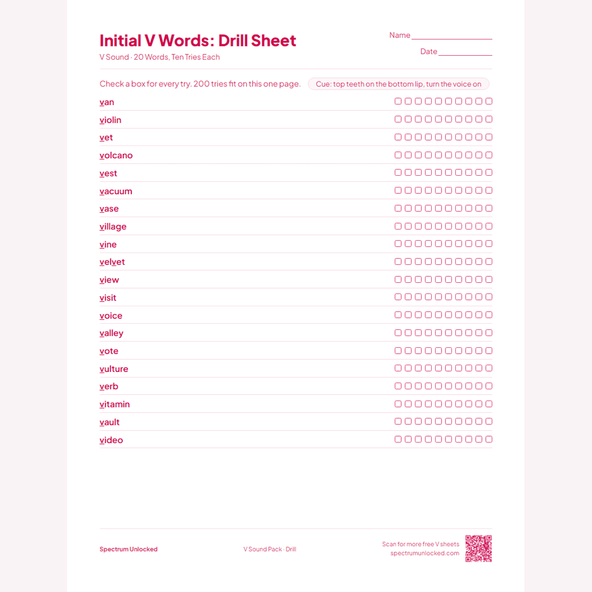 Drill sheet with ten tries per V word