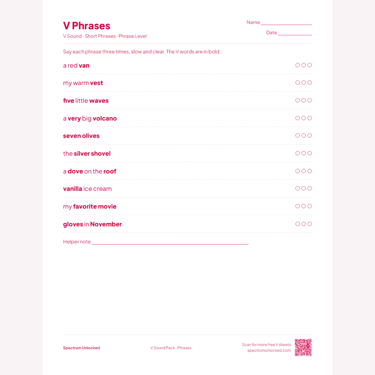 V phrases practice page with try counters