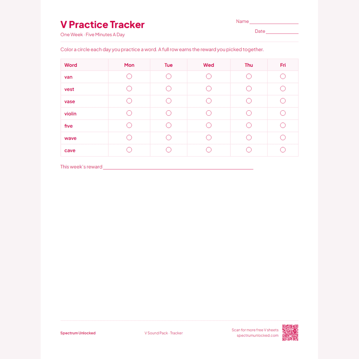 Weekly V practice tracker page
