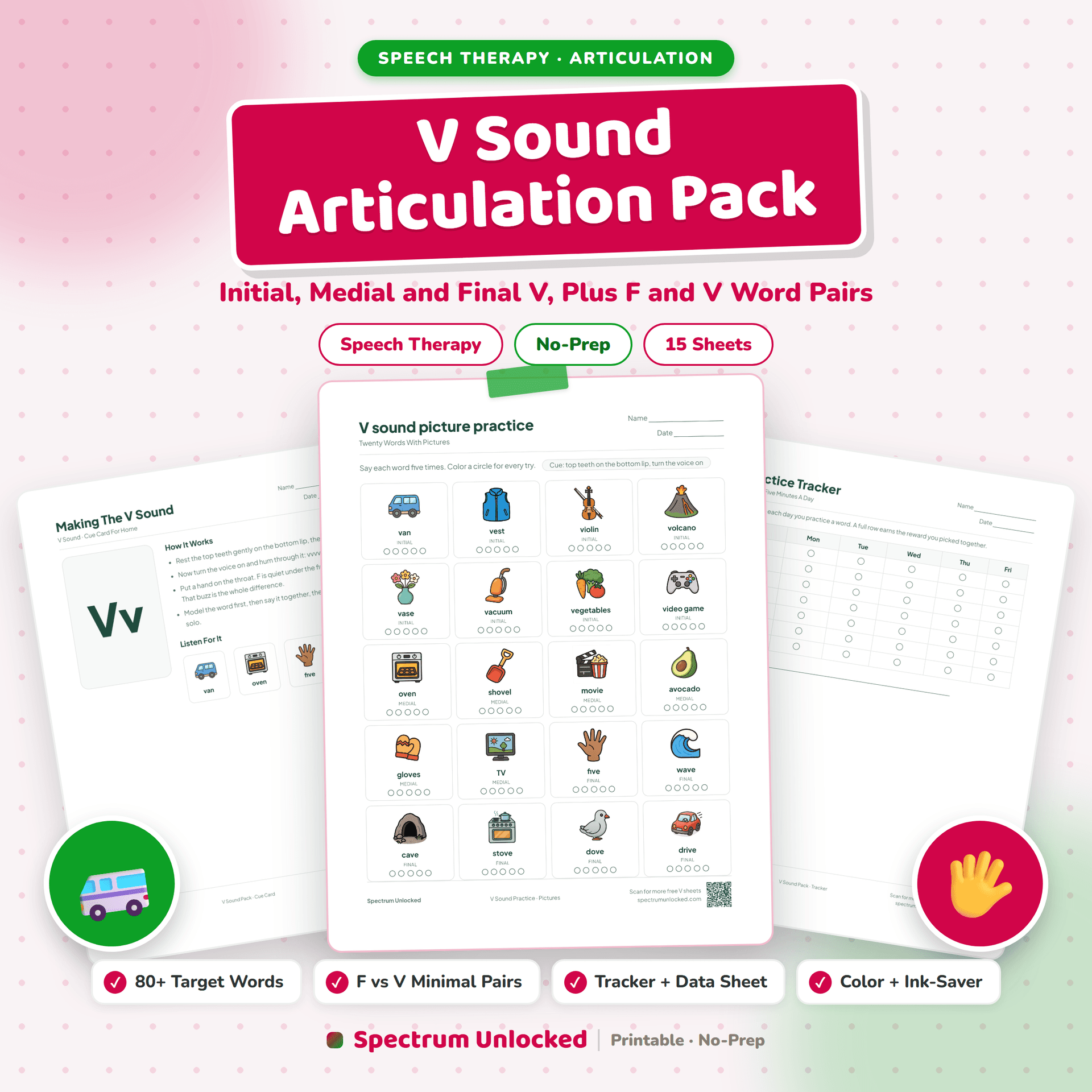 V Sound Articulation Worksheets Pack cover