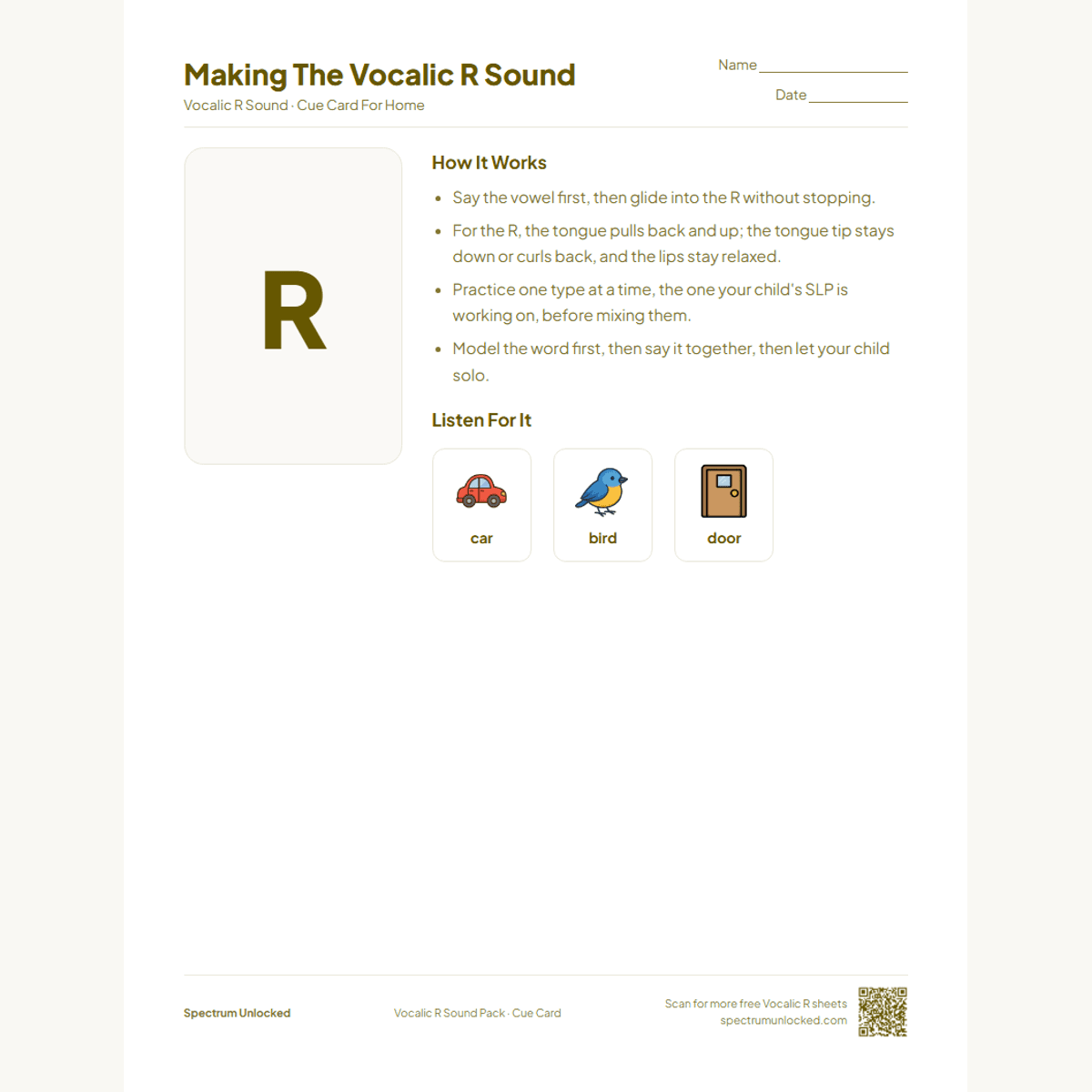 Send-home cue card from the Vocalic R Worksheets Pack