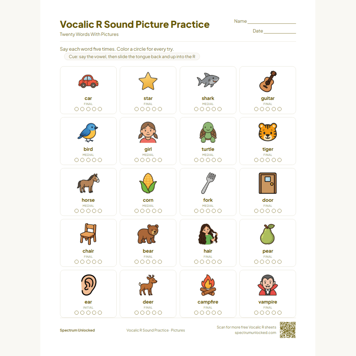 Vocalic R pictures: a practice page with 20 illustrated vocalic R words