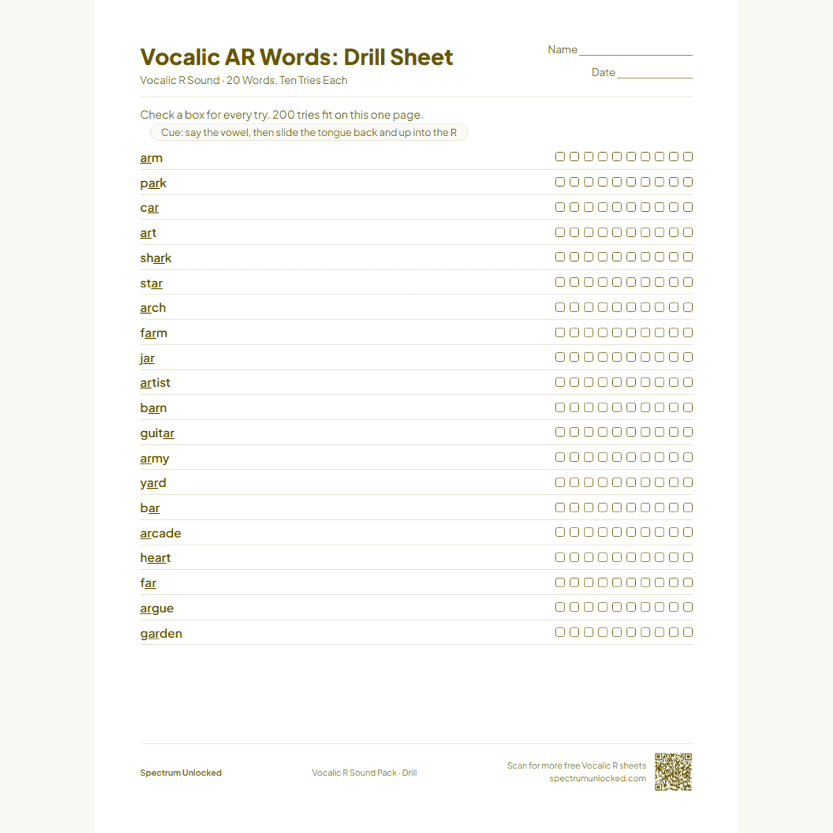 Vocalic R drill sheet with ten tries per word
