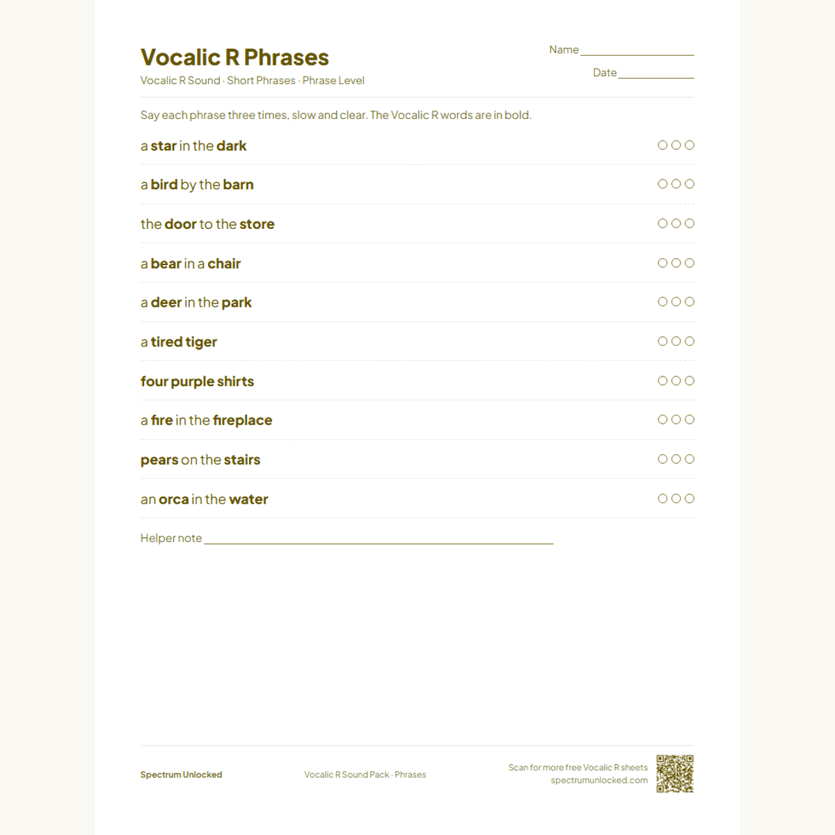 Vocalic R phrases practice page with try counters