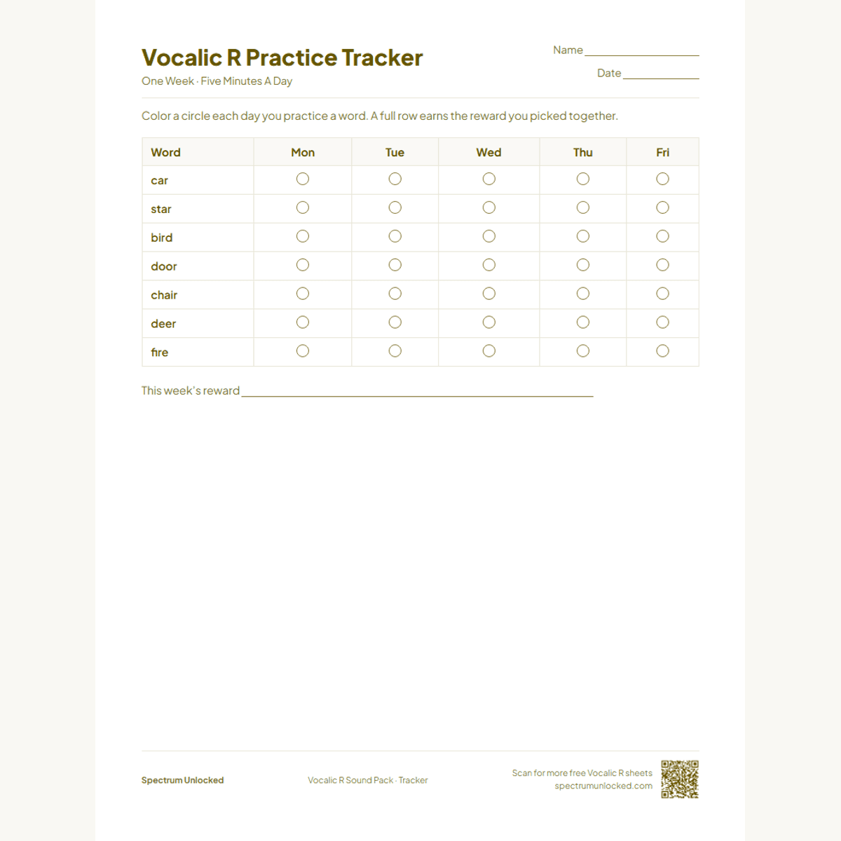 Weekly vocalic R practice tracker page