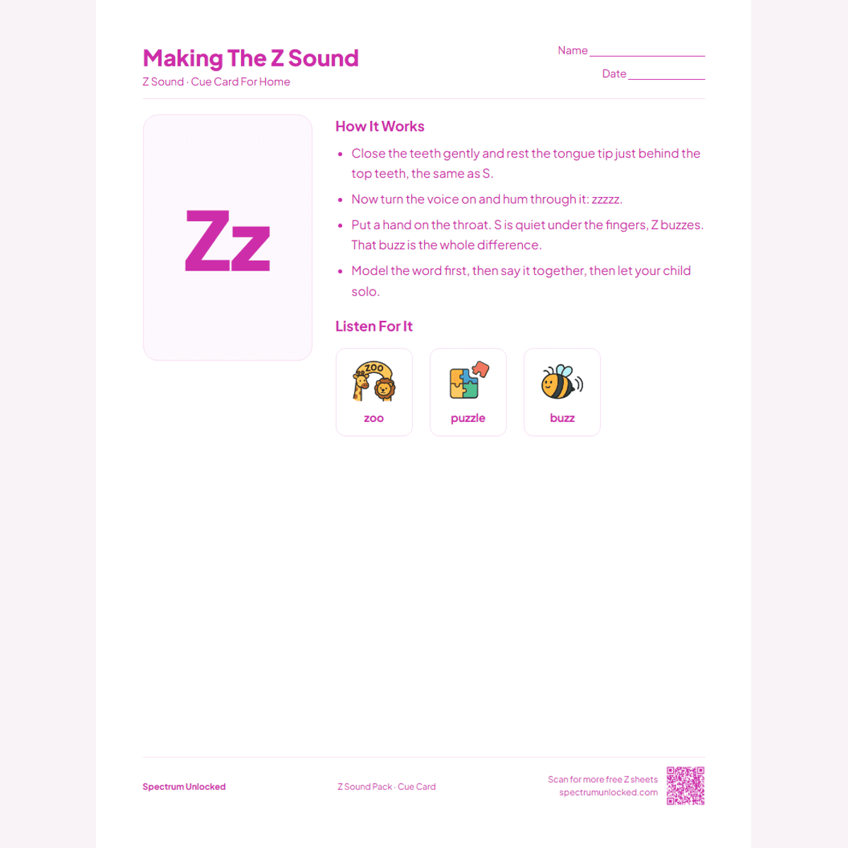 Send-home cue card from the Z Sound Articulation Worksheets Pack