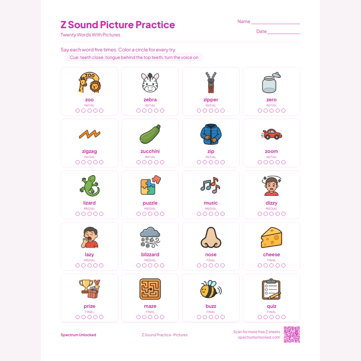 Z words with pictures: a practice page with 20 illustrated Z words