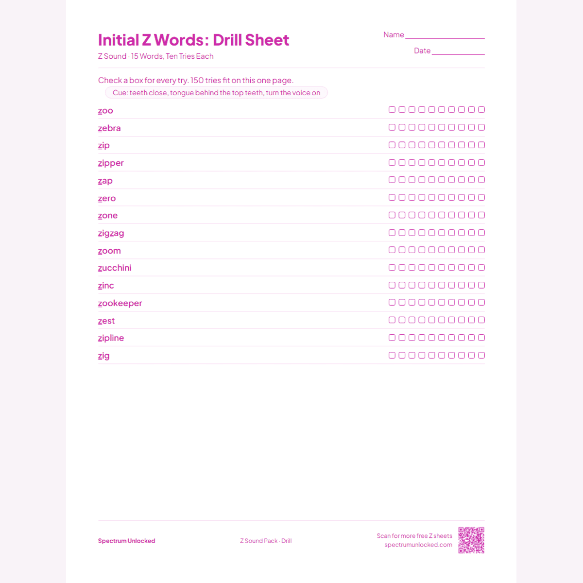 Drill sheet with ten tries per Z word