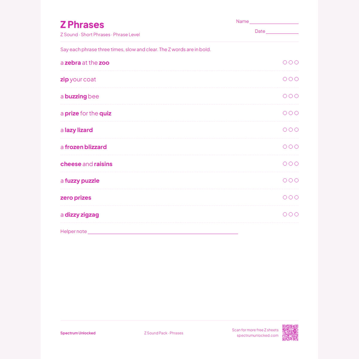 Z phrases practice page with try counters