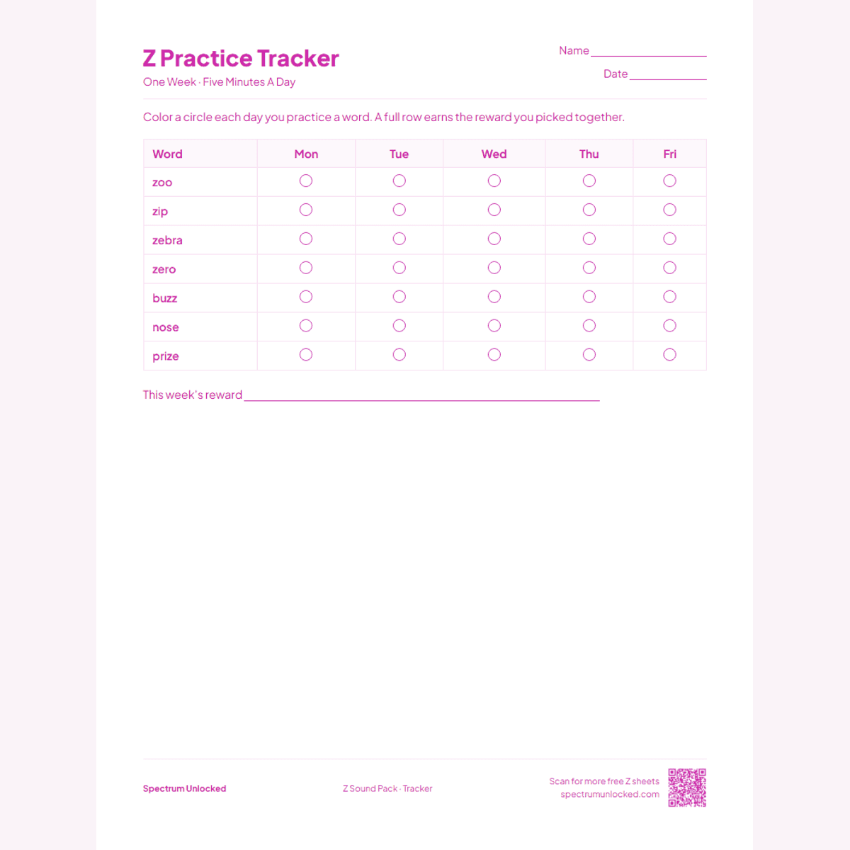 Weekly Z practice tracker page