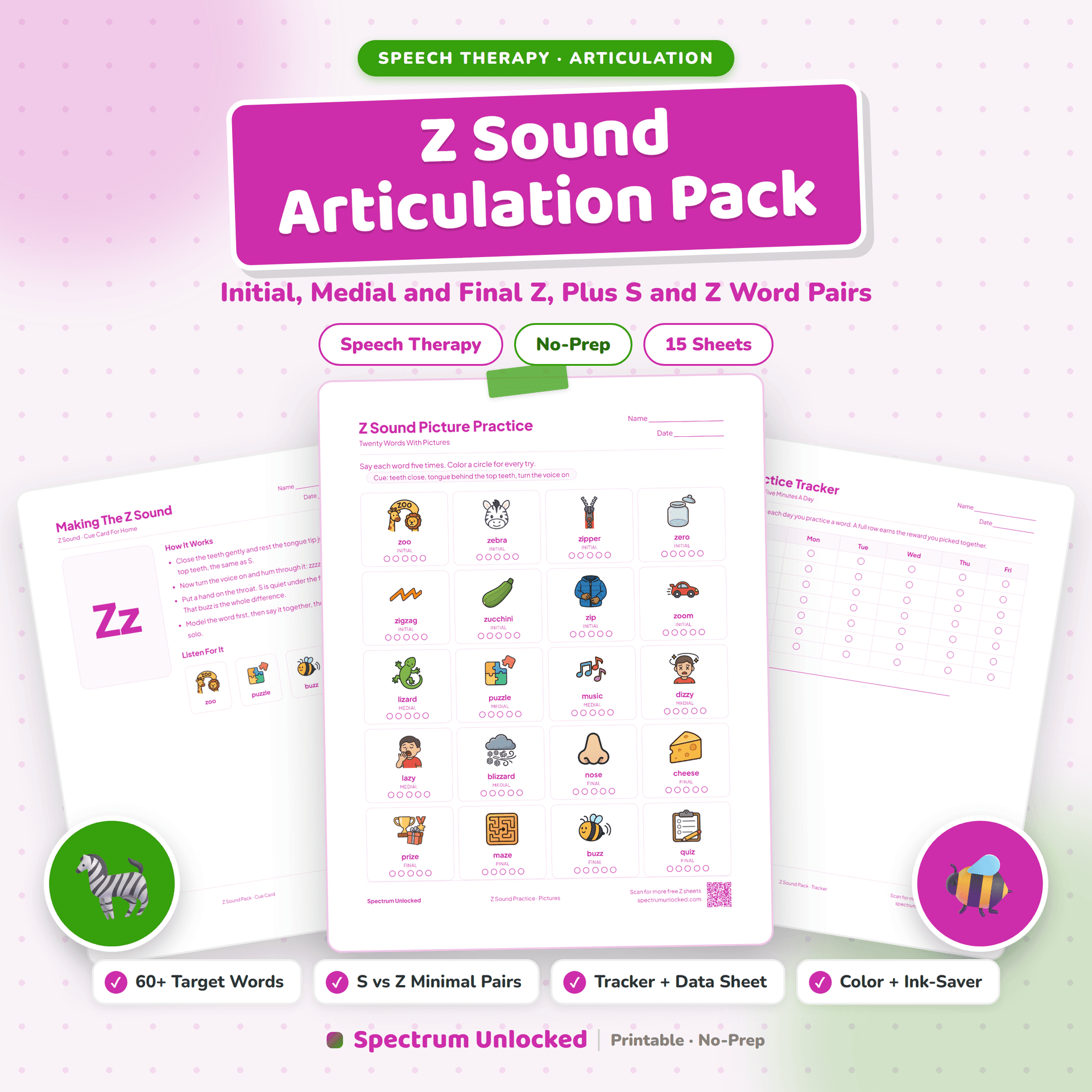 Z Sound Articulation Worksheets Pack cover