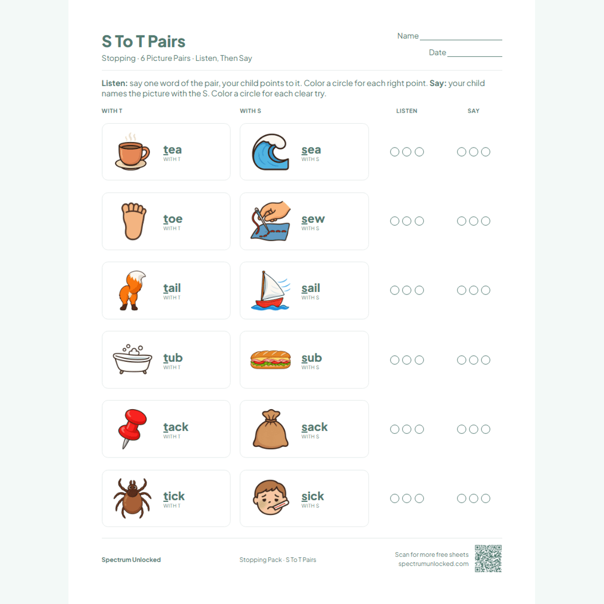S to T pairs worksheet: six picture minimal pairs with Listen and Say circles