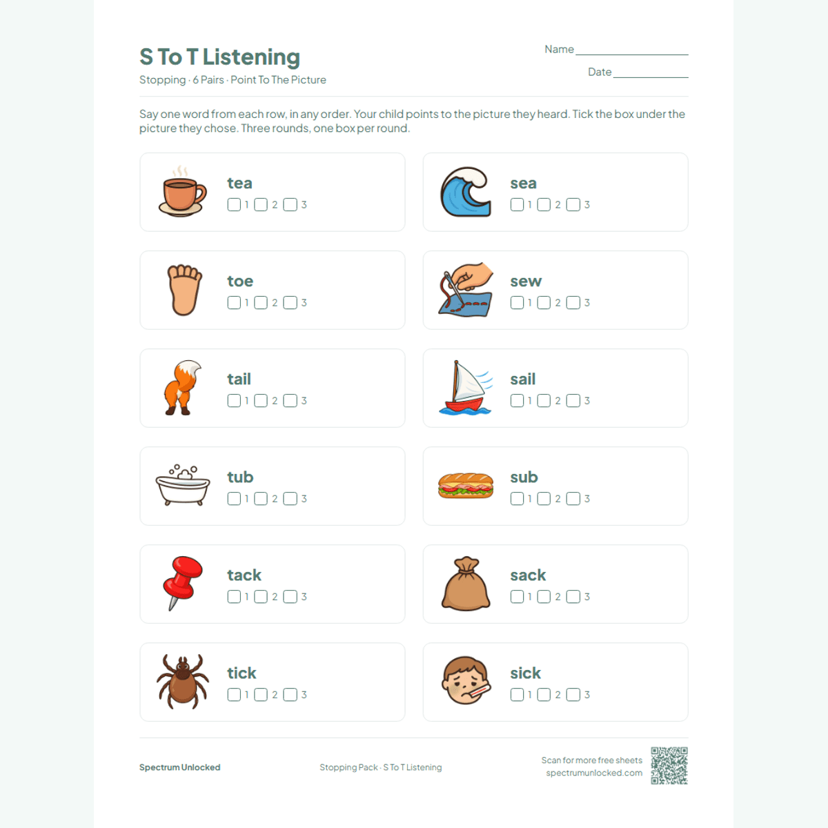 S to T listening worksheet: point to the picture, three rounds of tick boxes
