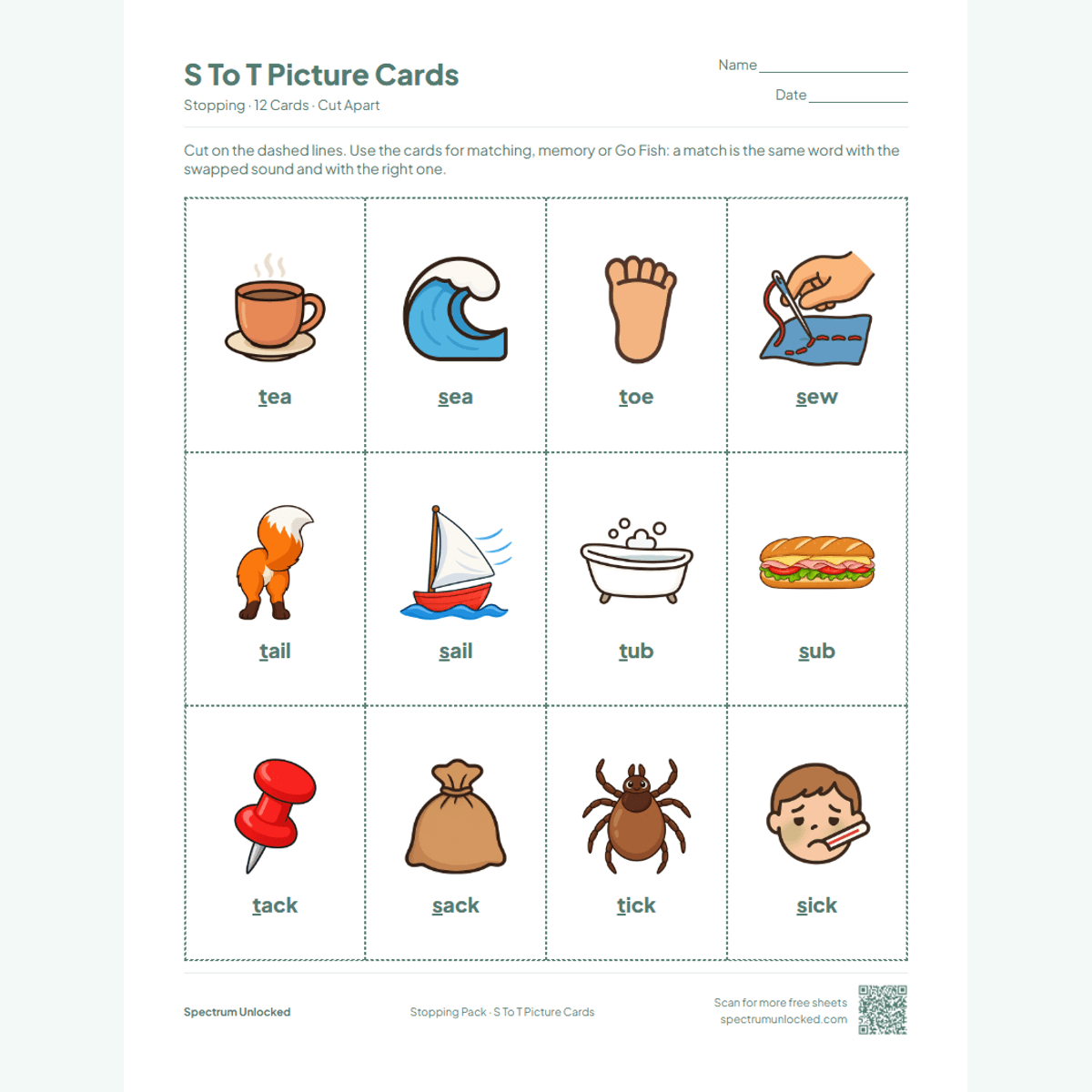 S to T picture cards: twelve cut-apart cards, two pairs to a row