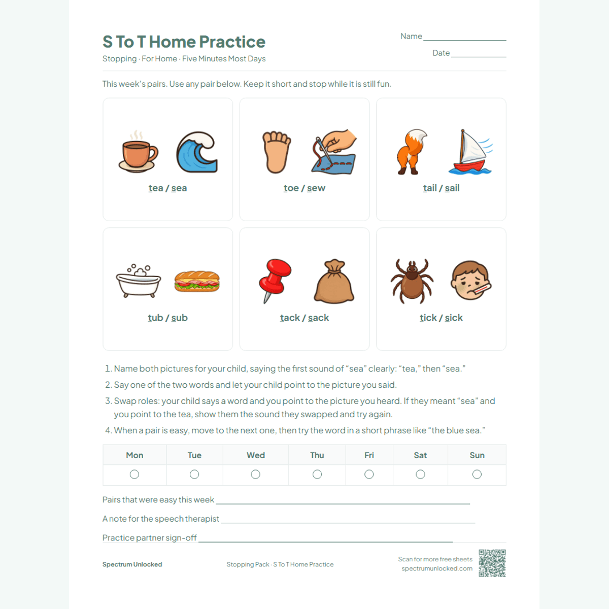 S to T home practice page with the pairs, four steps and a weekly tracker