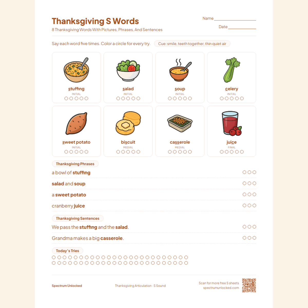 Thanksgiving S words page with stuffing, salad and sweet potato pictures, phrases and sentences