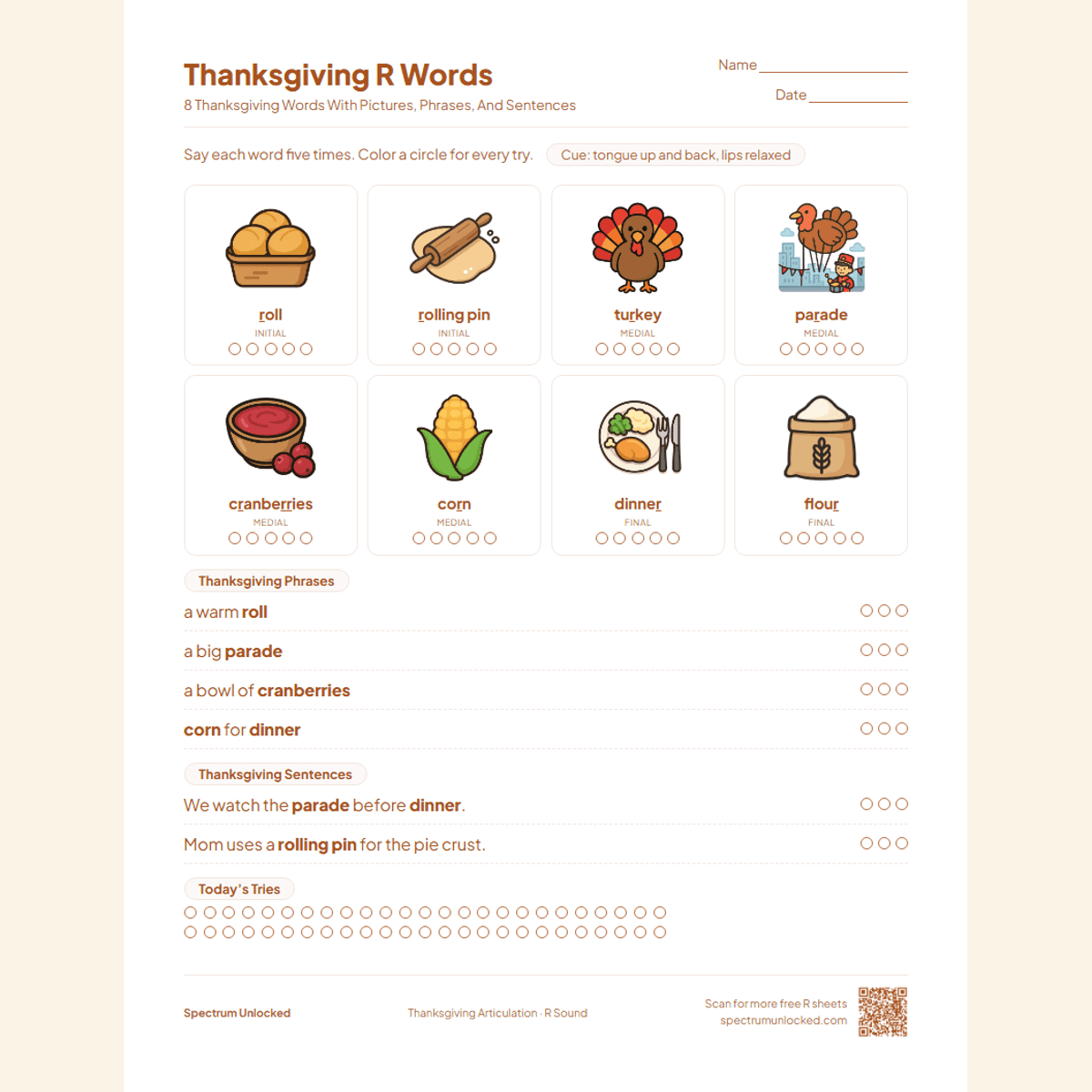 Thanksgiving R words page with dinner roll, parade and cranberry pictures