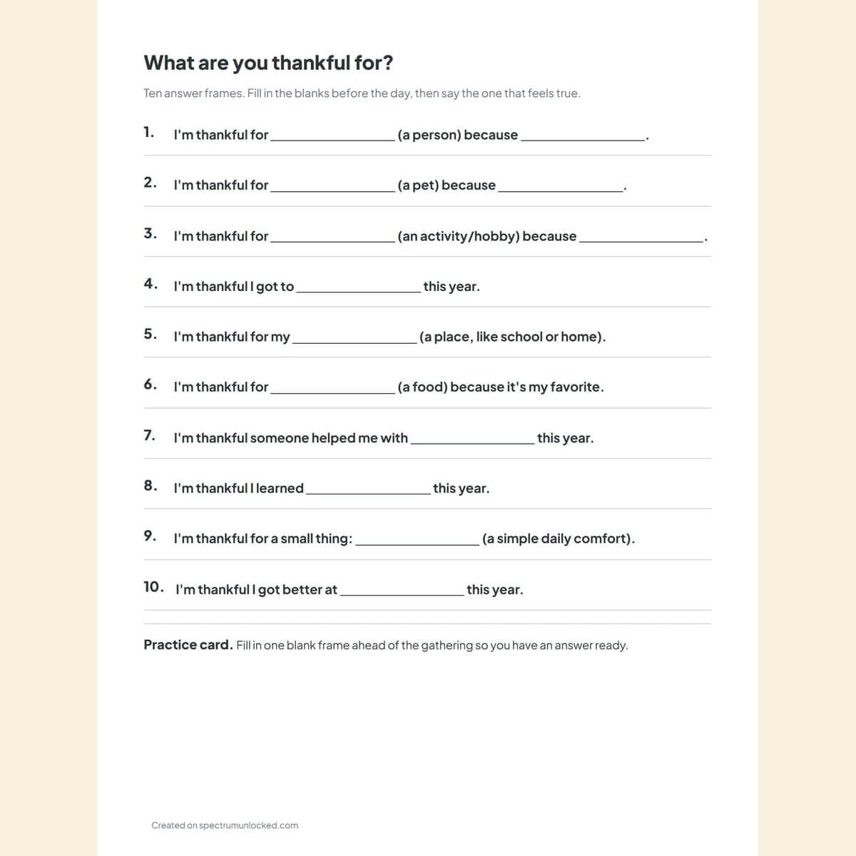 The fill-in-the-blank gratitude answer frames with a practice card