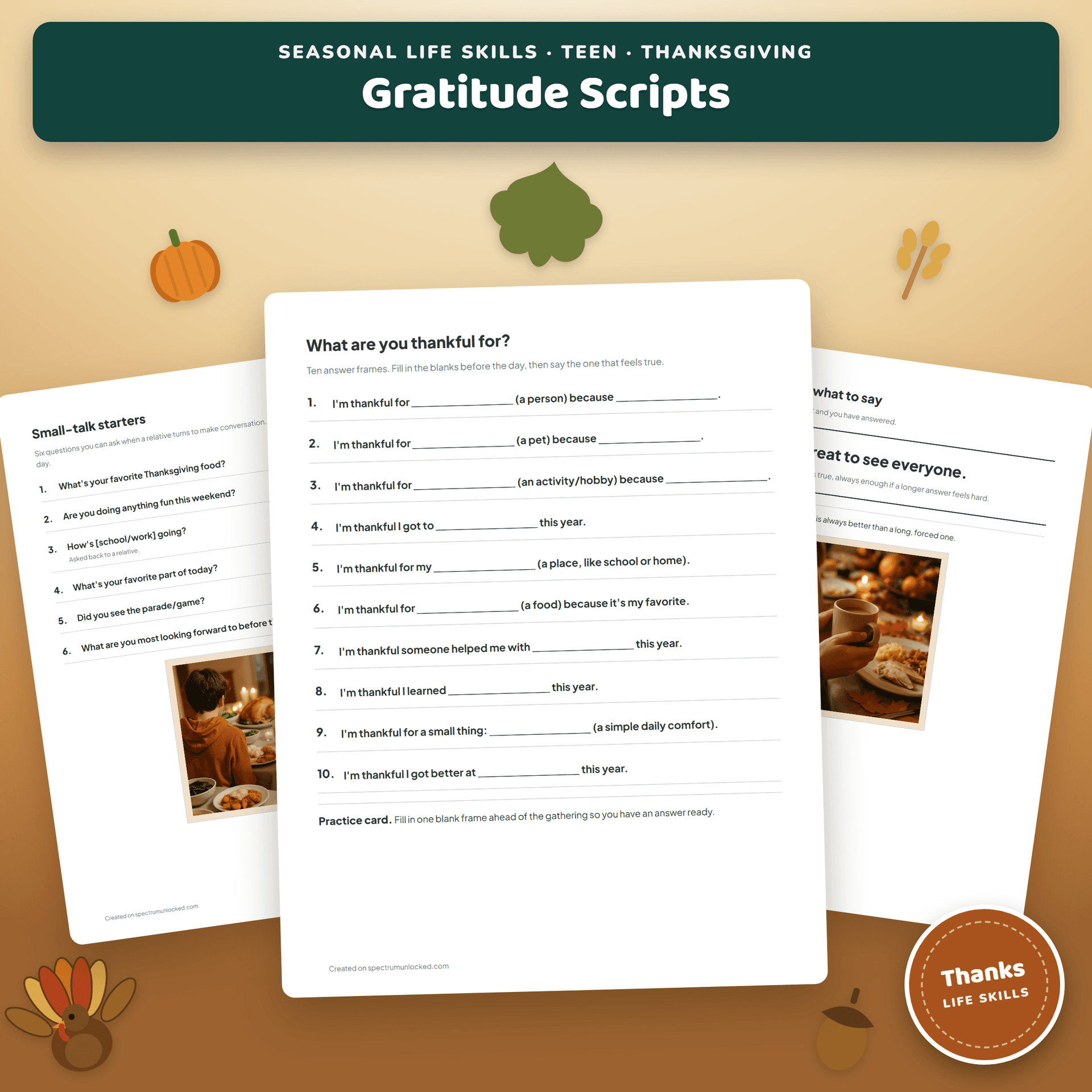 Gratitude and Thanksgiving Conversation Scripts for Teens cover, showing a warm holiday table