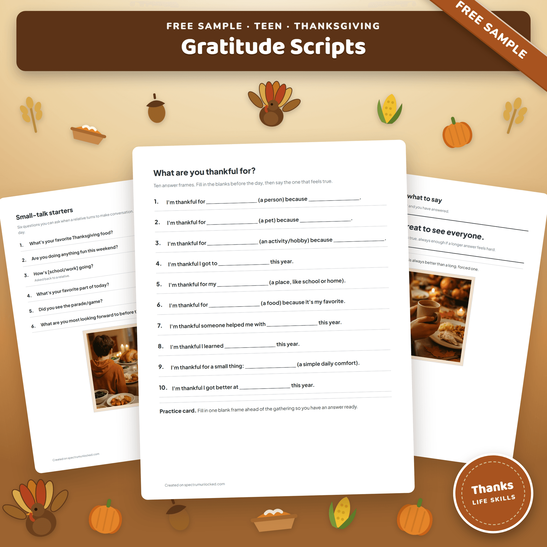 Thanksgiving Gratitude Sentence Frames Sample for Teens free sample preview