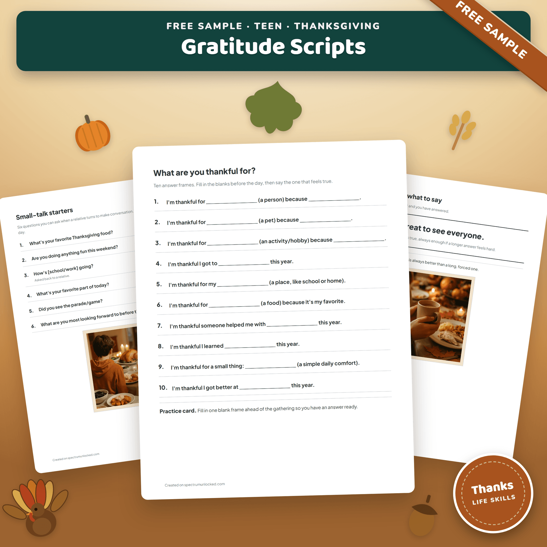 Free Thanksgiving Gratitude Sentence Frames Sample for Teens cover, showing a warm holiday table
