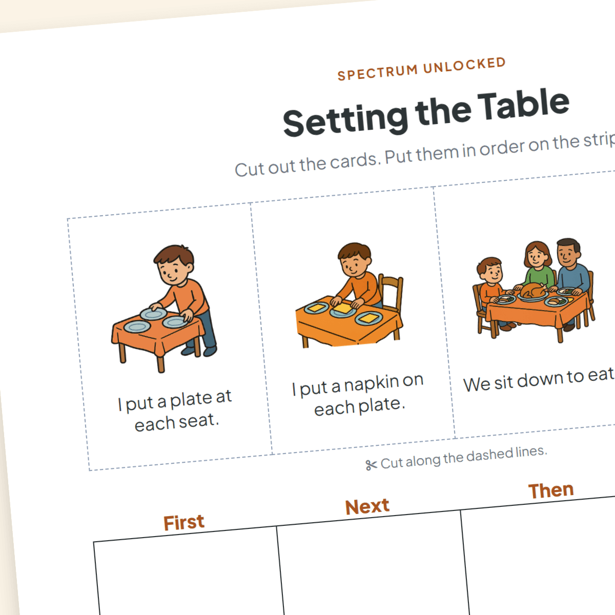 Setting the Table sequencing sheet, four mixed-up picture cards above a First, Next, Then, Last strip
