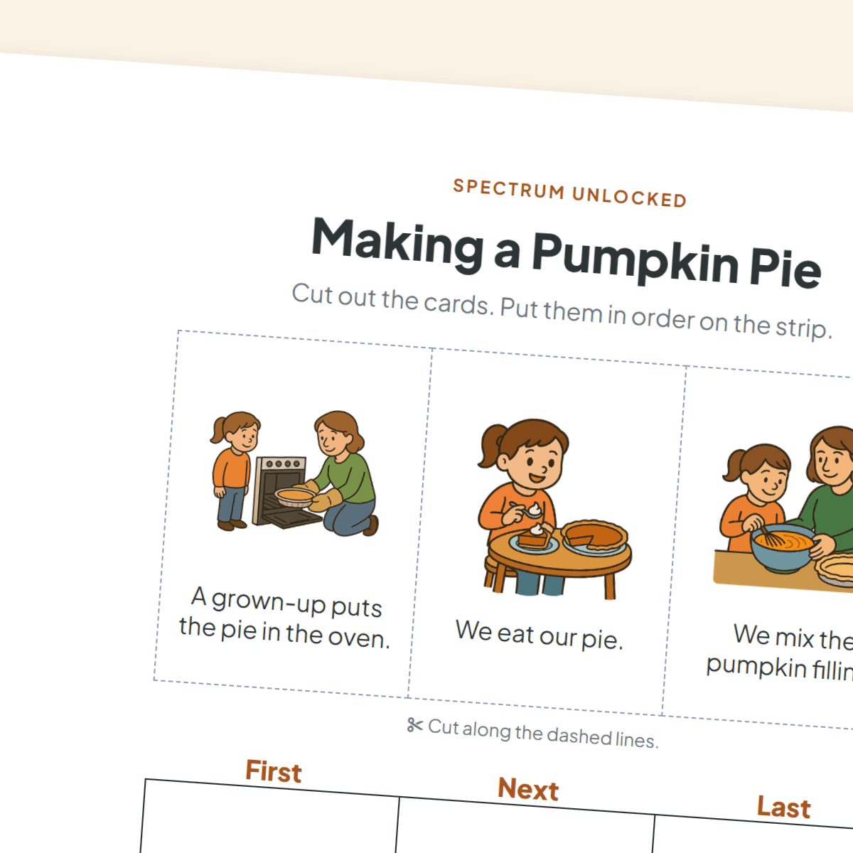 Gentle 3-step Making a Pumpkin Pie sheet with three picture cards and a First, Next, Last strip