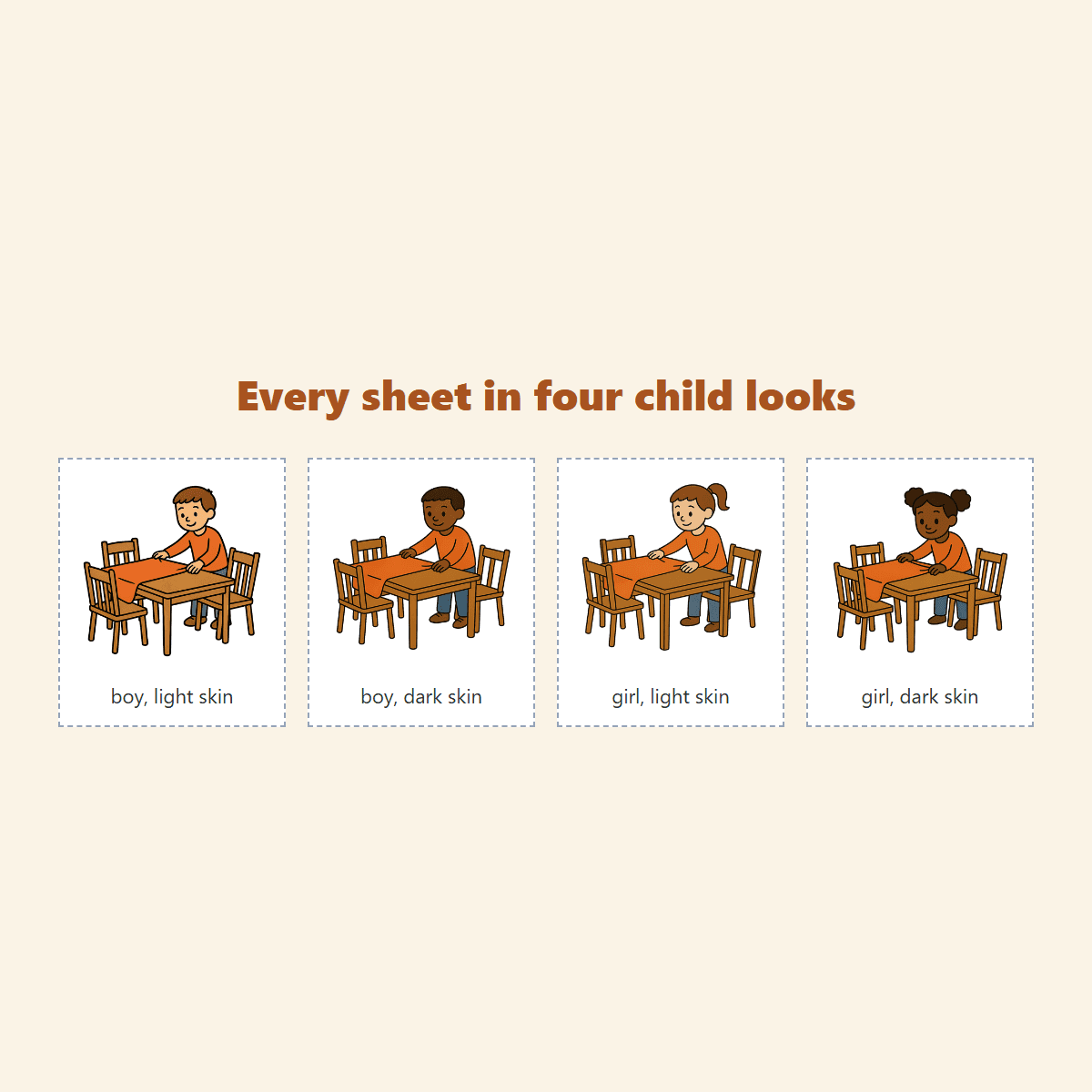 The same picture card in all four child looks: boy, light skin; boy, dark skin; girl, light skin; girl, dark skin