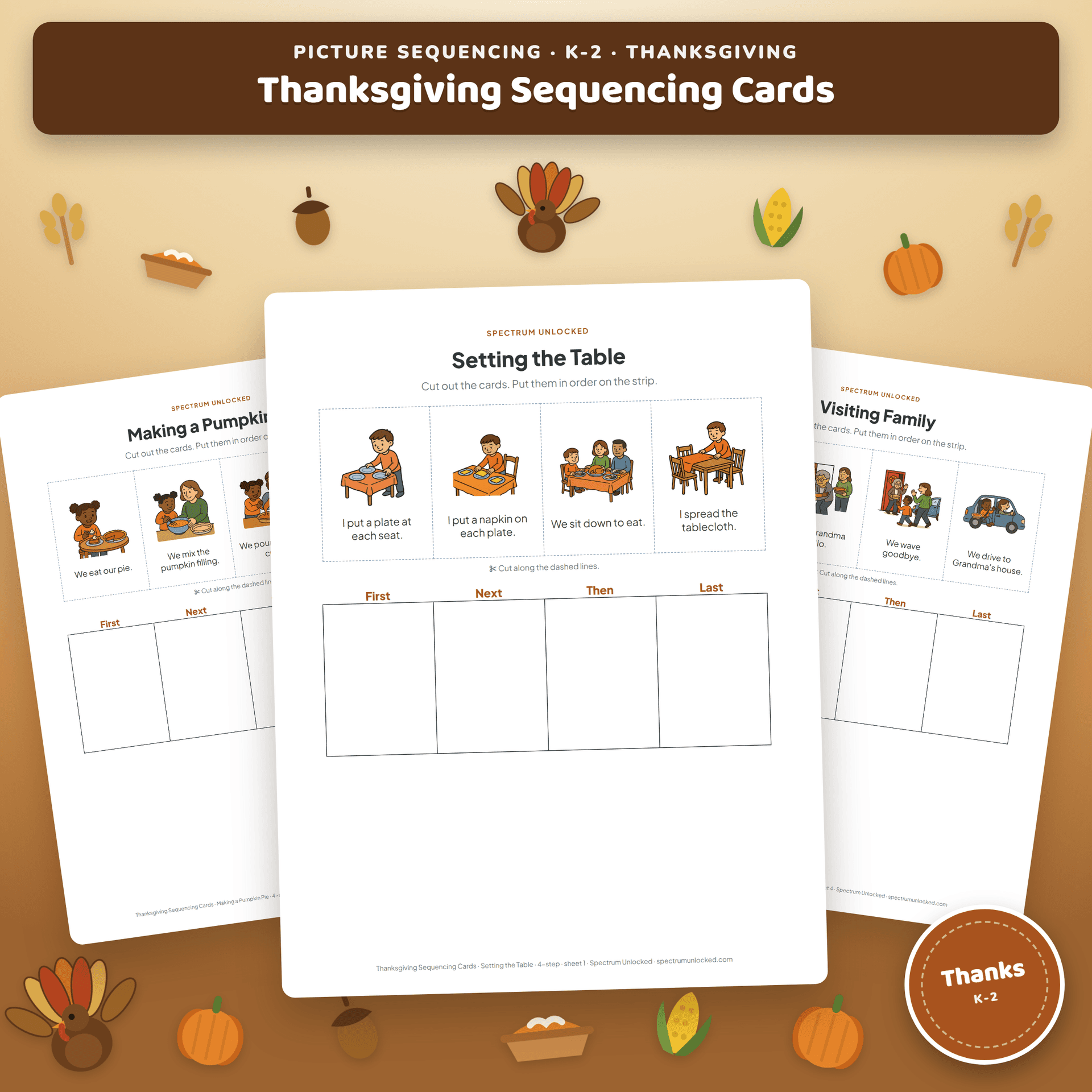 Thanksgiving Sequencing Cards cover, with picture cards from the Thanksgiving sequences