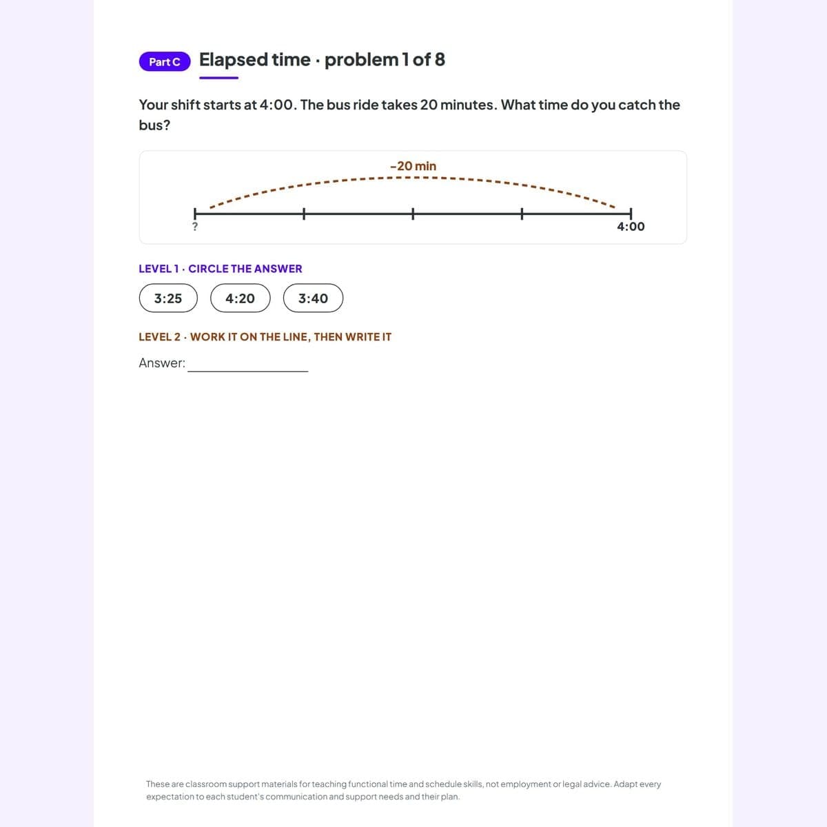 An elapsed-time worksheet page: a real bus-before-shift situation with a number line, circle choices, and a write-in answer