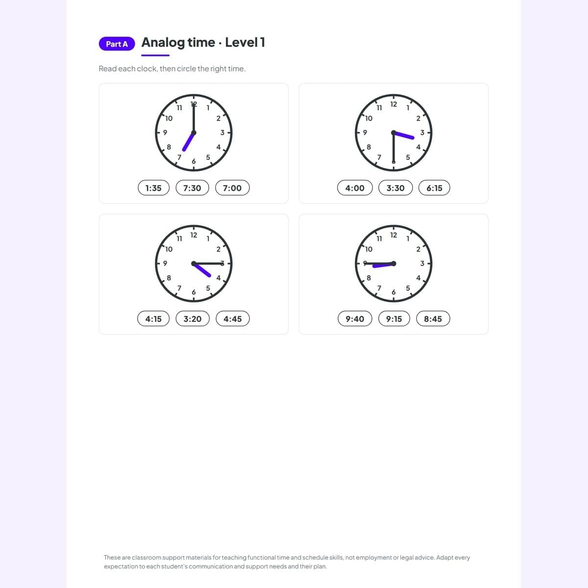 The analog time page from the free sample: rendered clock faces with circle-the-time choices