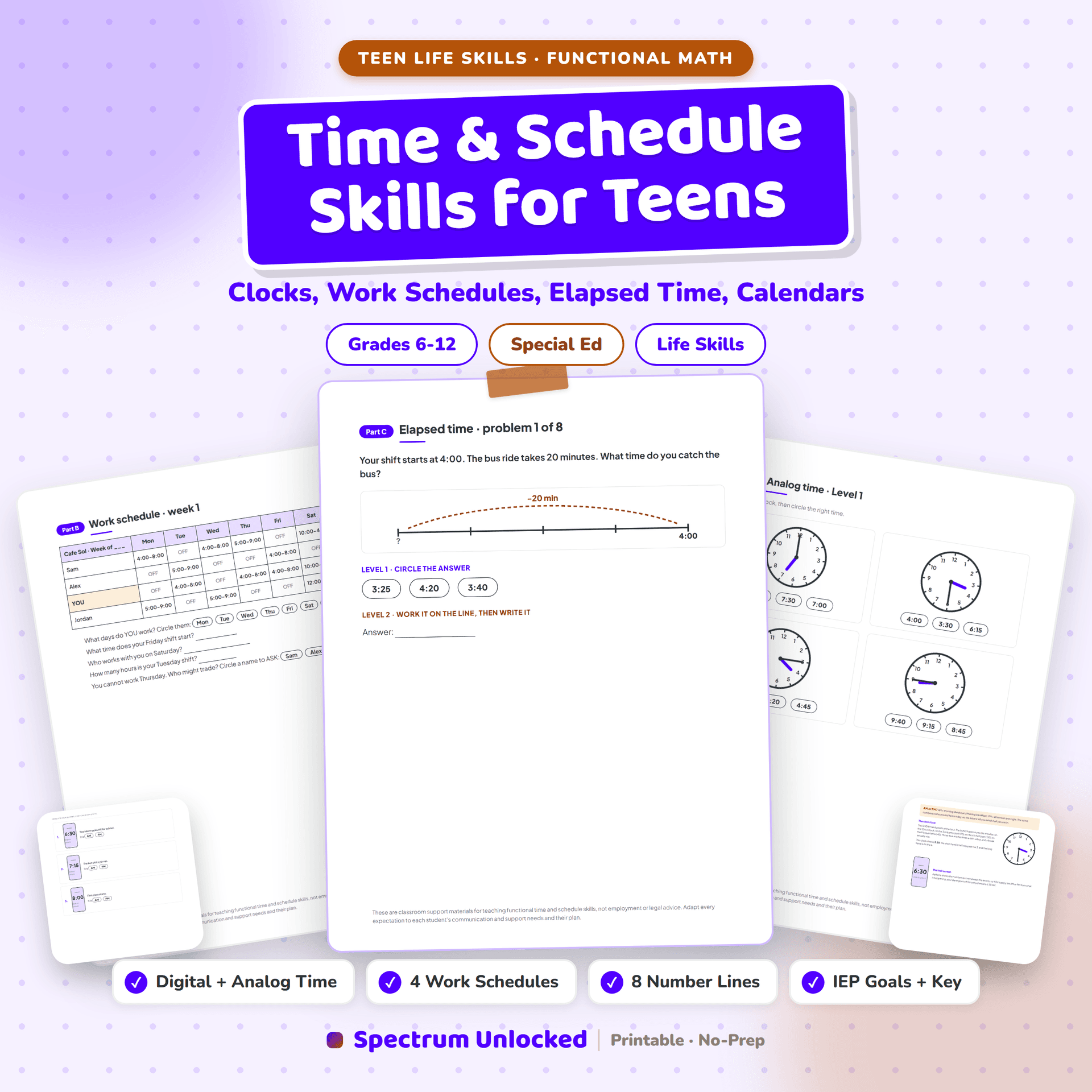 Time and Schedule Skills for Teens cover: rendered clock face, phone lock screen, and Cafe Sol schedule grid