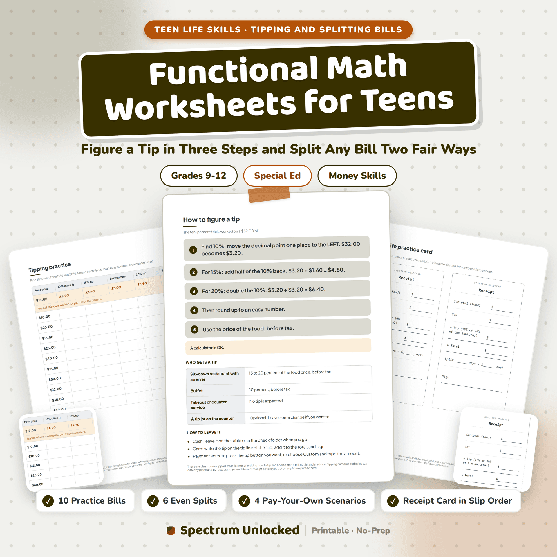 Functional Math Worksheets for Teens: Tipping and Splitting the Bill cover, showing the tipping lesson, the practice table and the receipt card