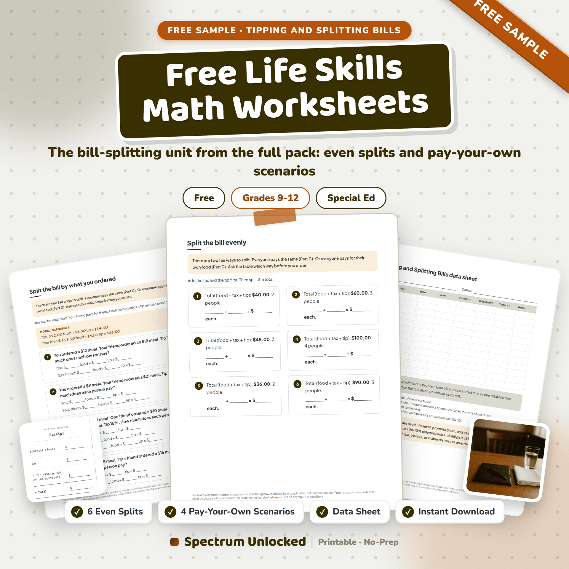 Free Life Skills Math Worksheets sample cover, showing the bill-splitting page and the pay-your-own scenarios