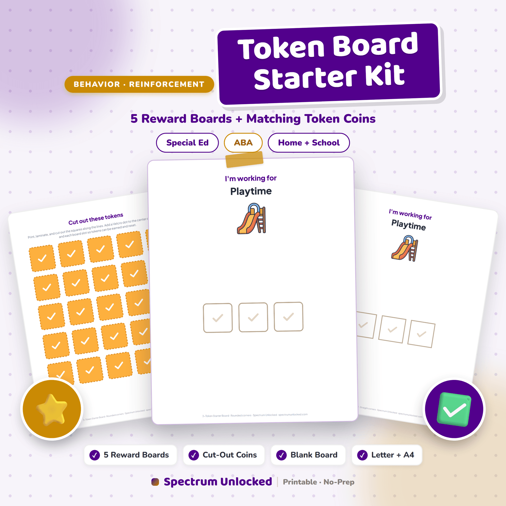 Token Board Pack cover showing printable token economy boards with cut-out tokens