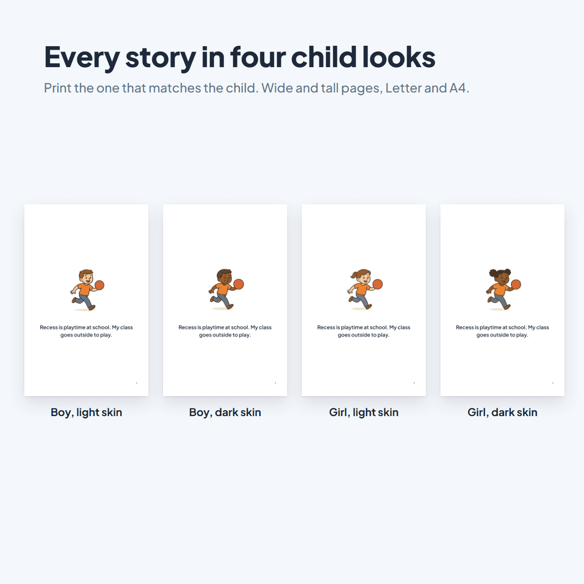 A Transition Social Stories page in four child looks, a boy or a girl with light or dark skin