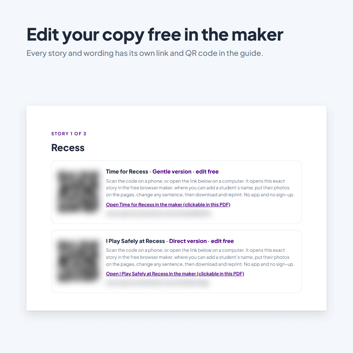 Guide page for the Transition Social Stories with a printed link and QR code for every story