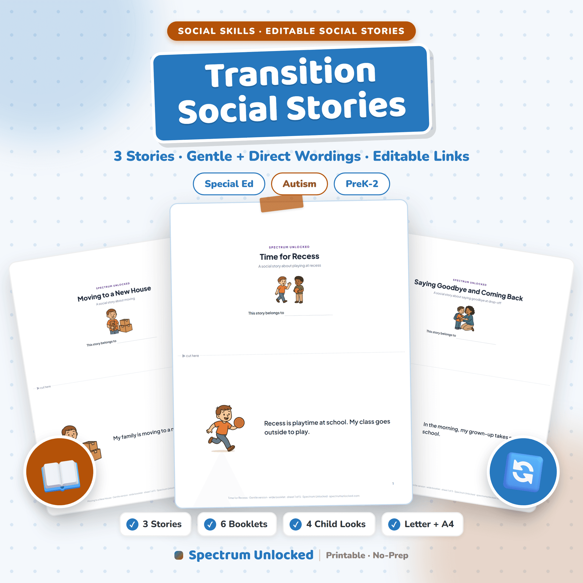 Transition Social Stories cover, three printable social stories for young autistic children