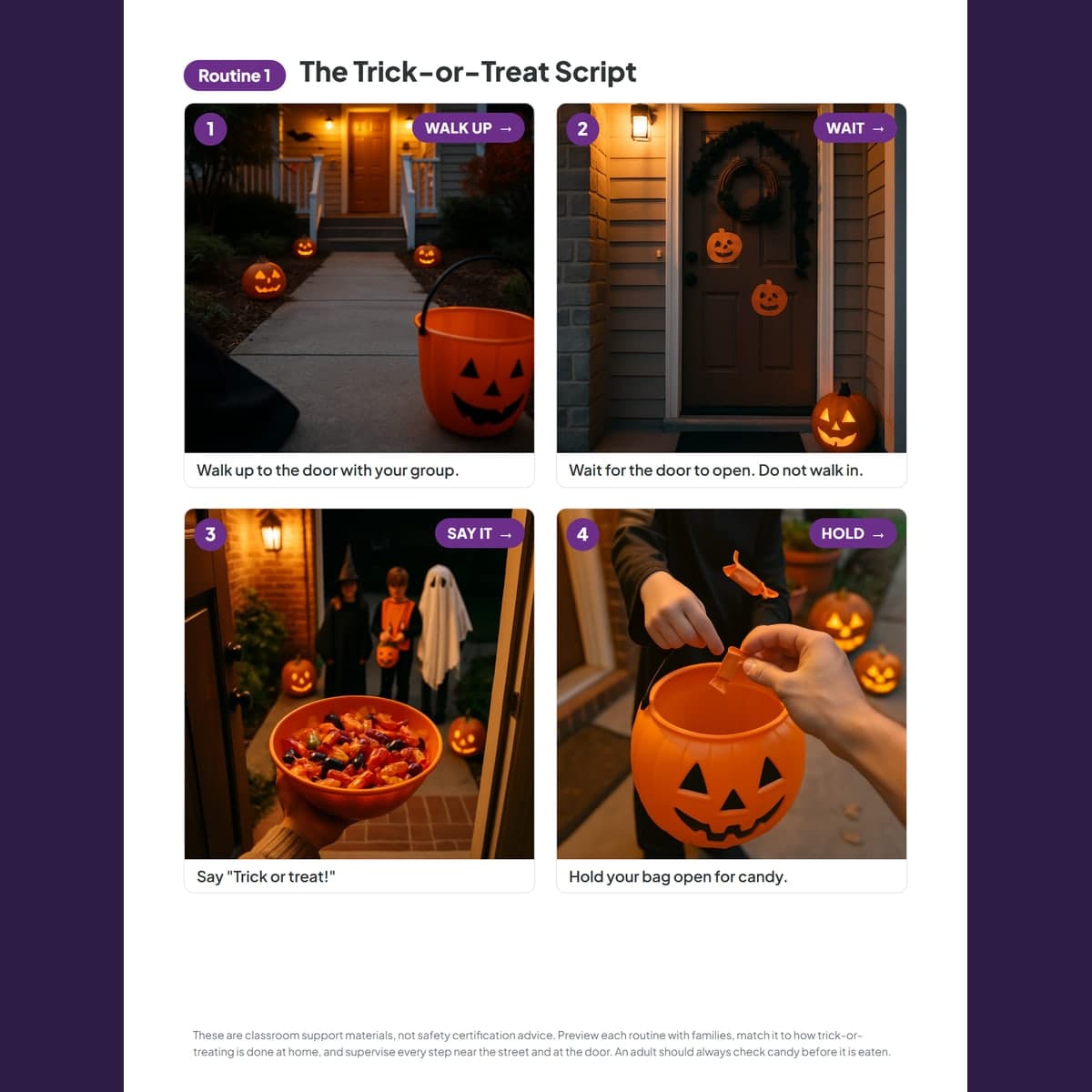 The trick-or-treat script routine, a photo and a step on each card