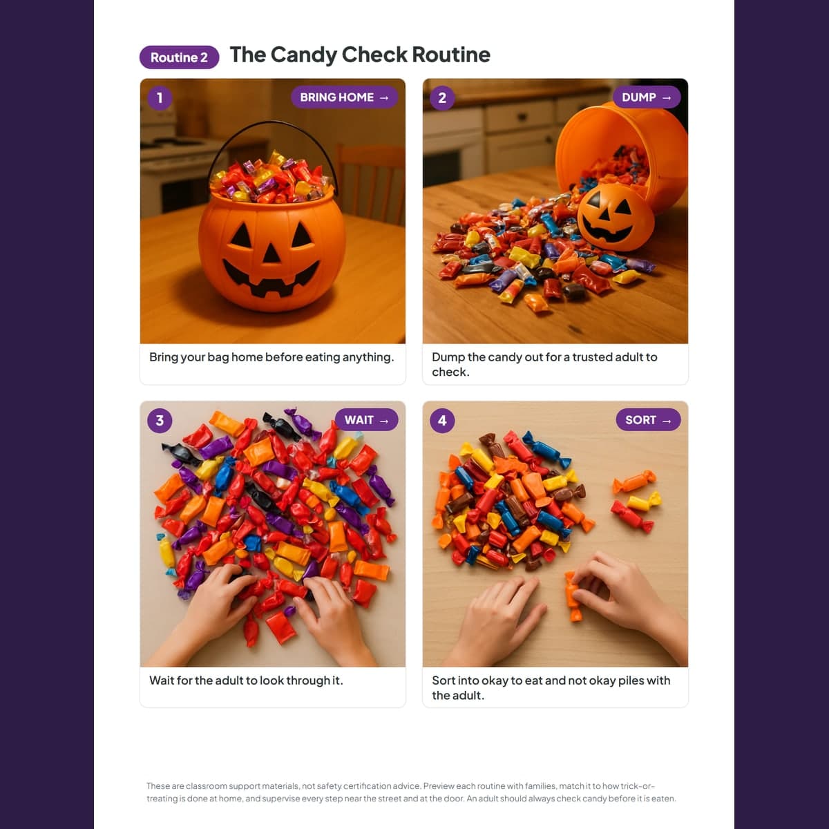 The candy check routine, sorting candy with a trusted adult before eating any