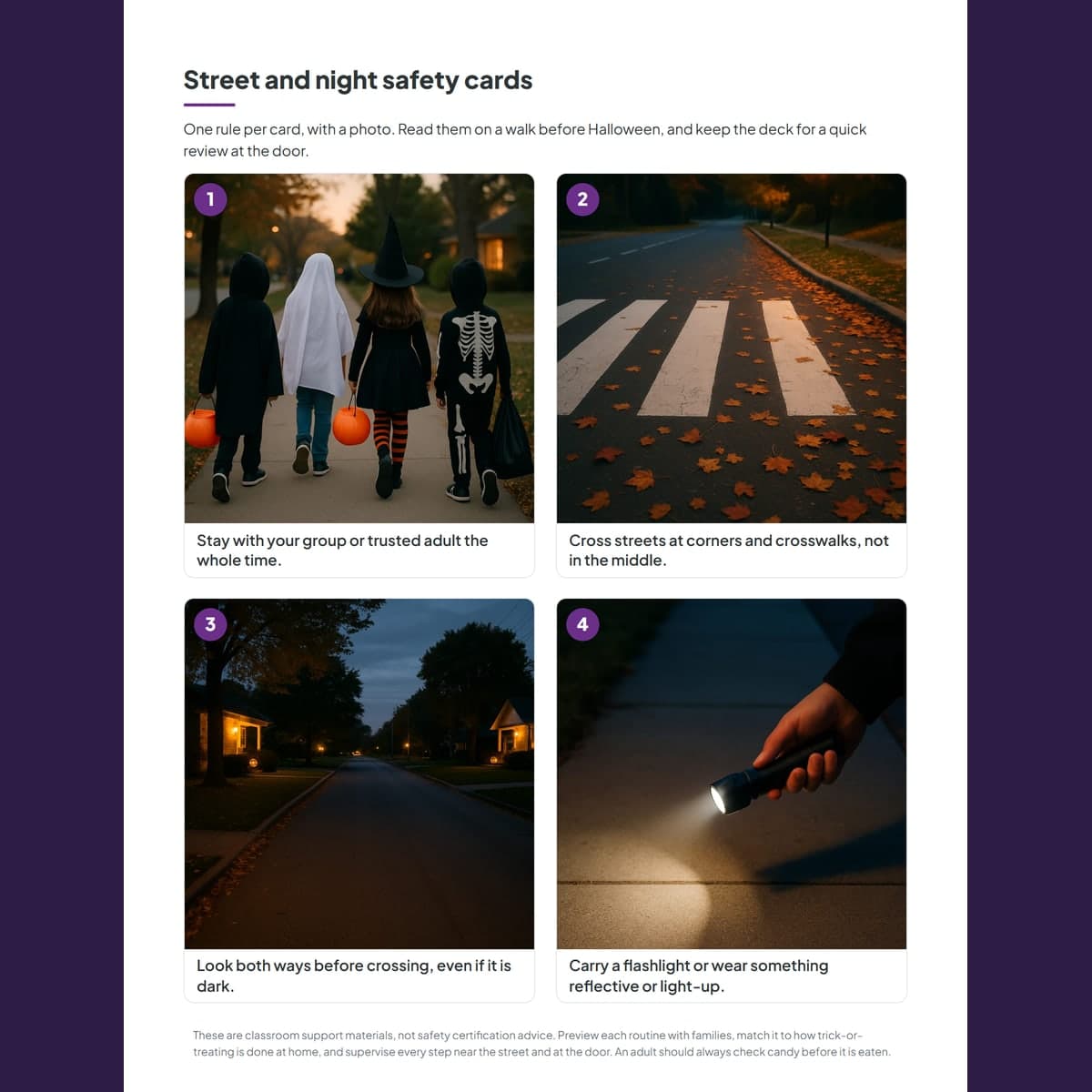 The street and night safety cards, one rule and one photo per card