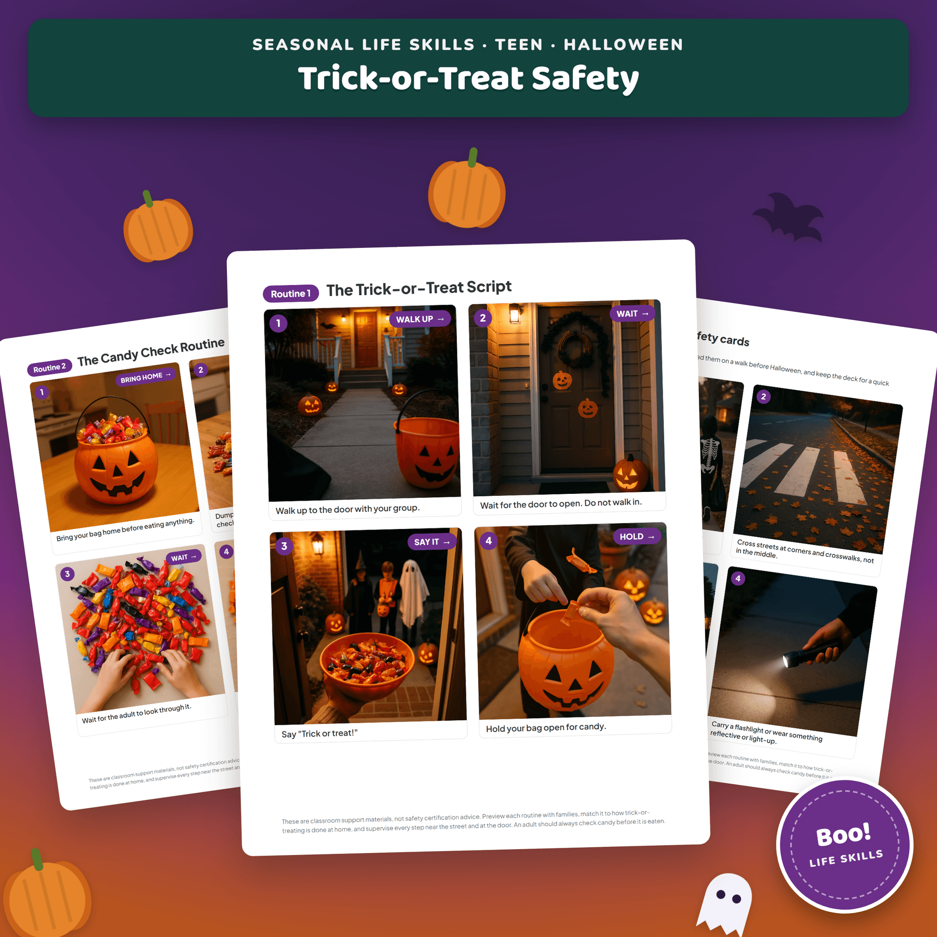 Trick-or-Treating Social Scripts and Safety cover, showing a trick-or-treat bucket, wrapped candy and a small carved pumpkin on a dusk porch step