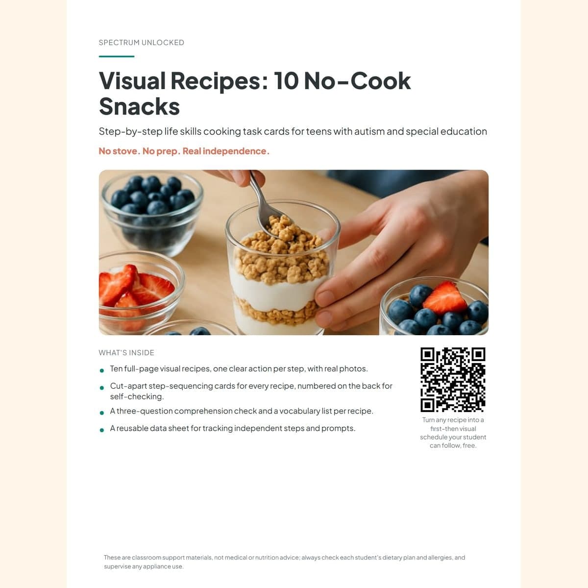 Visual Recipes 10 No-Cook Snacks cover with teen hands assembling a snack and the pack title