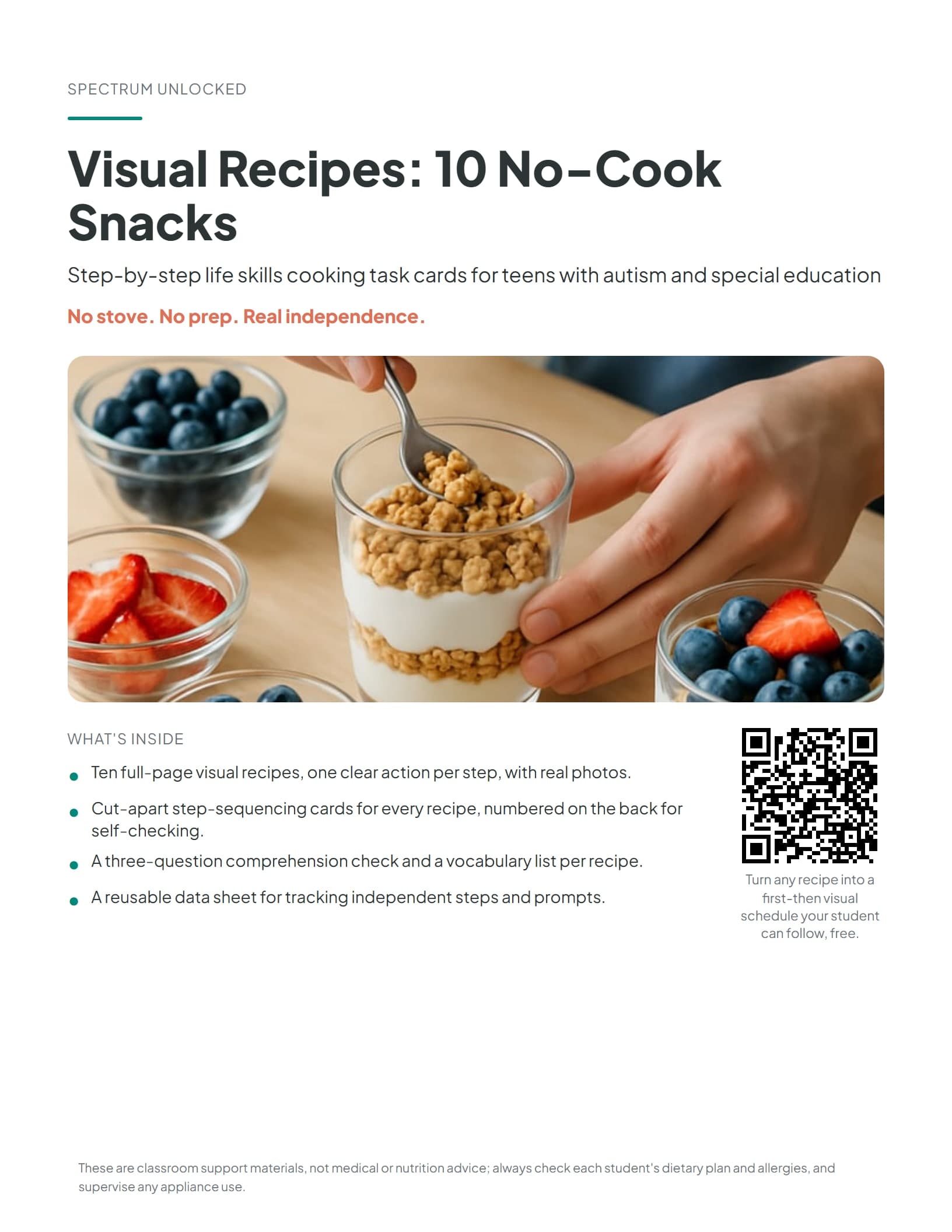 Visual Recipes 10 No-Cook Snacks cover with teen hands assembling a snack and the pack title