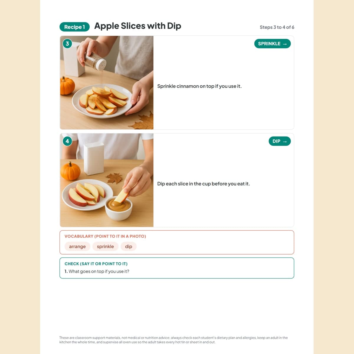 The comprehension check and vocabulary trio for a recipe
