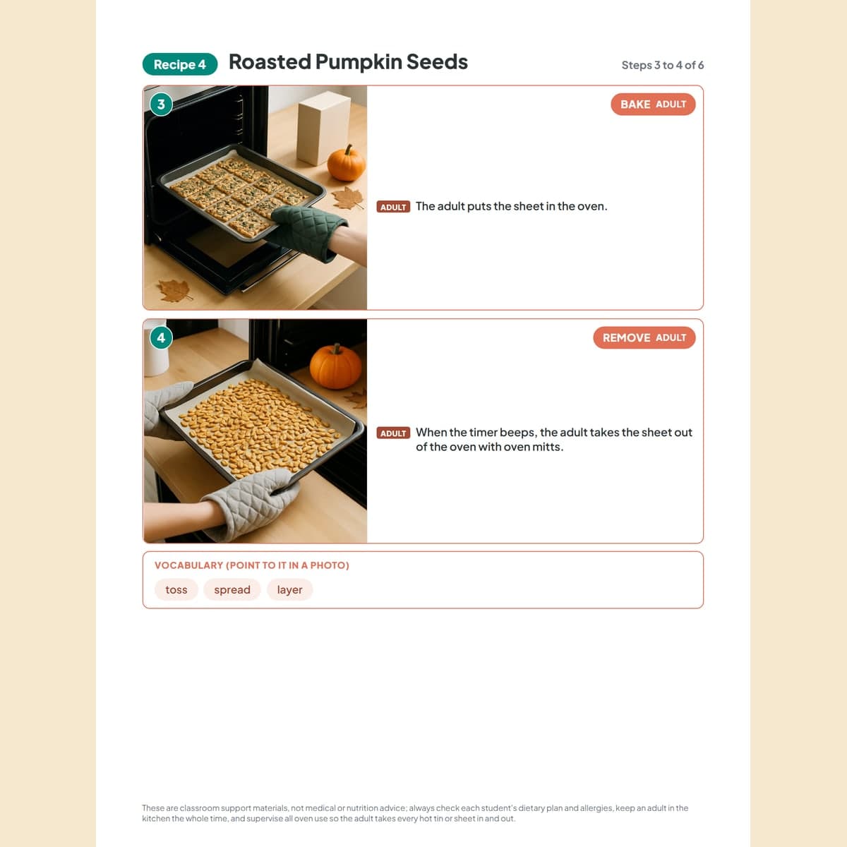 A pumpkin recipe page where the adult operates the hot oven, with the student kept away from the heat