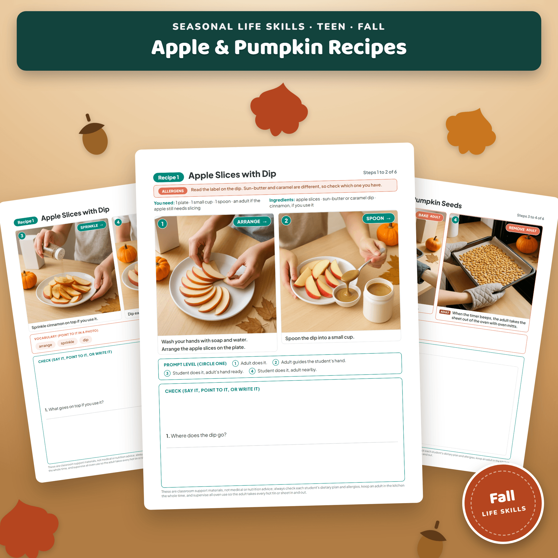 Visual Recipes for Teens: Apple and Pumpkin Fall Edition cover, showing a fall snack laid out with its visual recipe steps