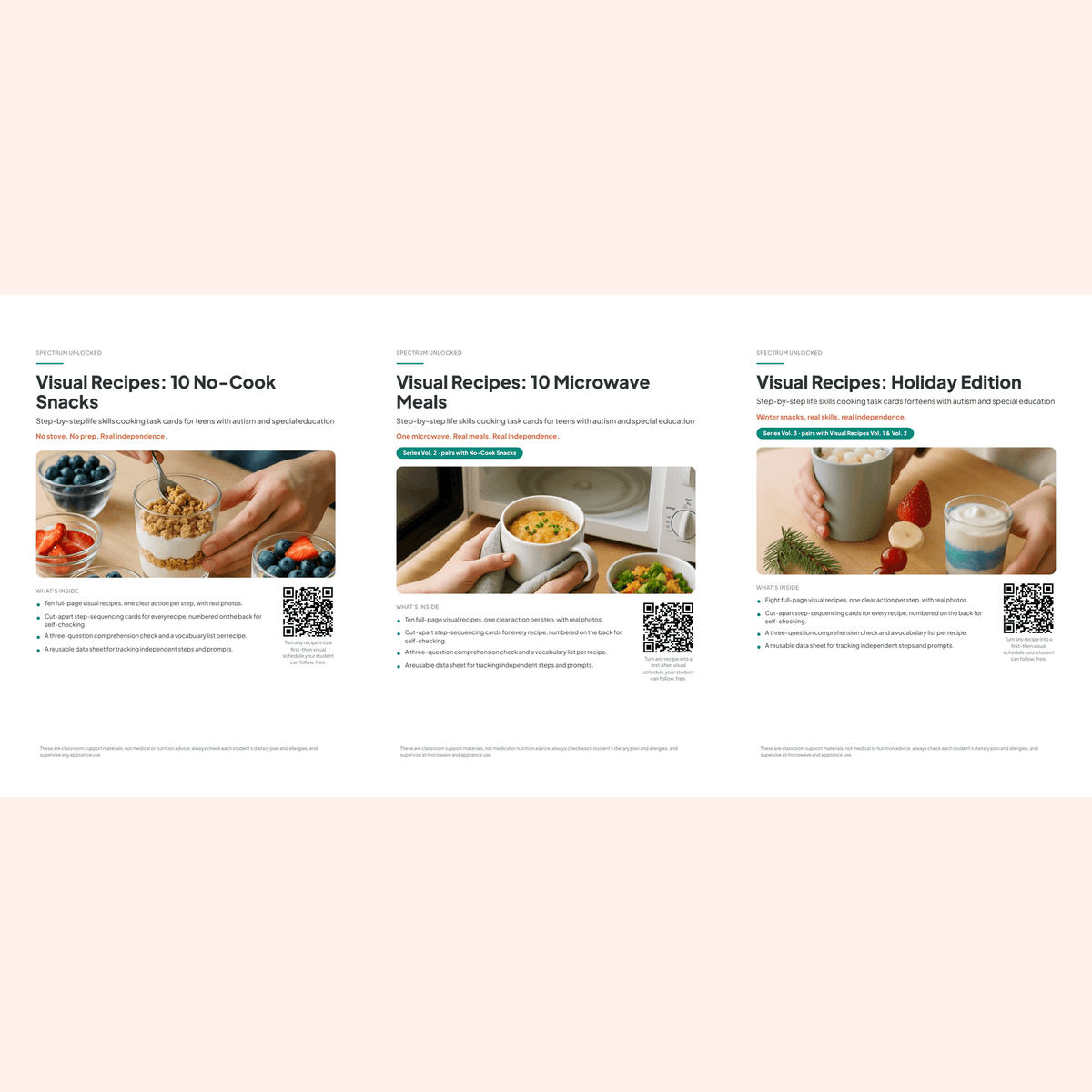 The three packs in the Visual Recipes Bundle for Teens shown side by side: no-cook snacks, microwave meals, and holiday edition