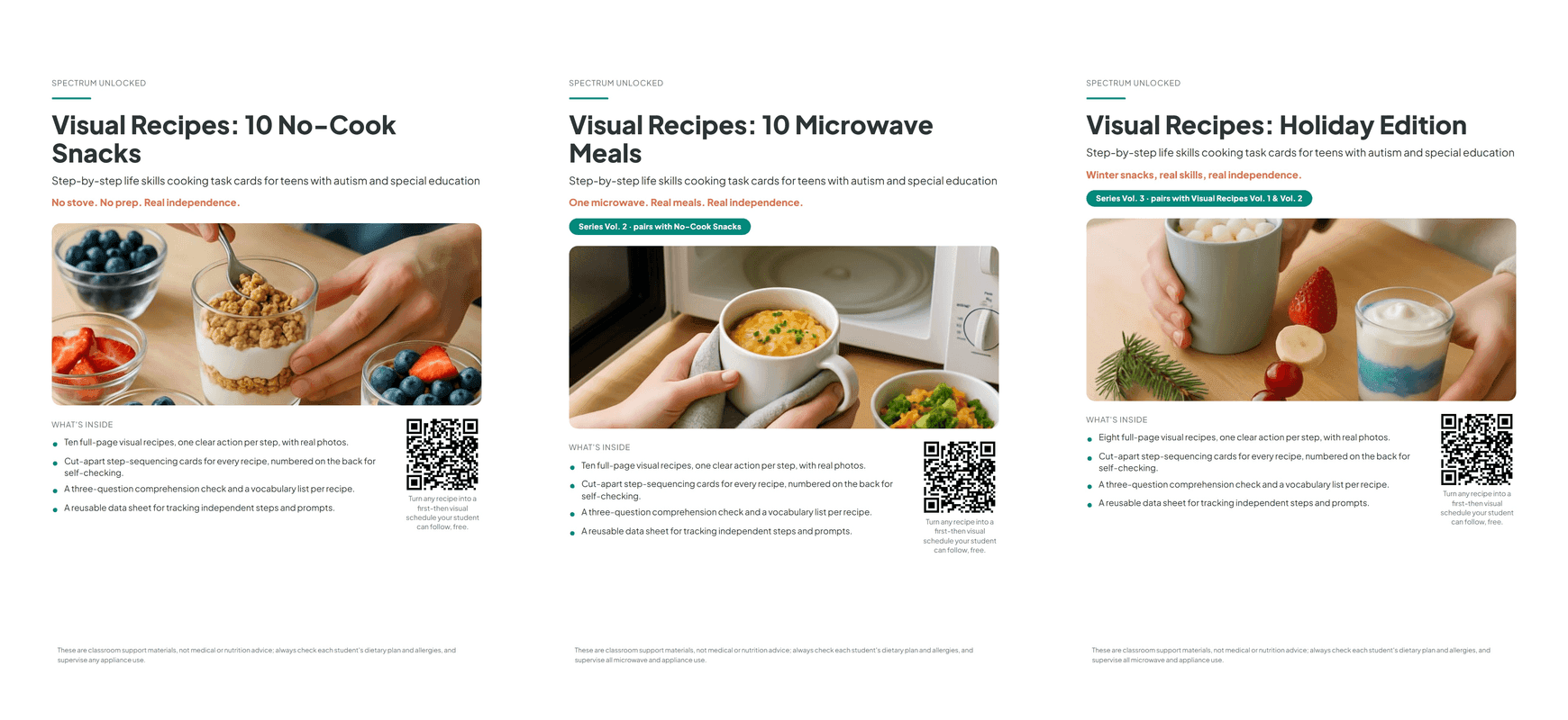 The three packs in the Visual Recipes Bundle for Teens shown side by side: no-cook snacks, microwave meals, and holiday edition